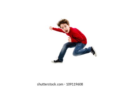 Boy Jumping, Running Isolated On White Background