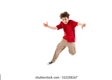 Boy Jumping, Running Isolated On White Background 