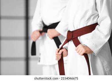 Boy And Karate Instructor In Dojo, Closeup