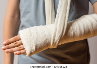 Boy Keeps Broken Arm In Gypsum, Plaster Arm, Accident At Home , Injury, Trauma Concept