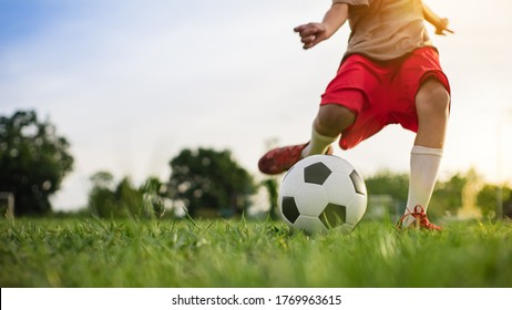 Boy Kicking A Ball While Playing Street Soccer Football On The Green Grass Field For Exercise. Outdoor Sport Activity For Children And Kids Concept Photo With Copy Space.