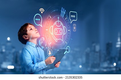 Boy kid holding tablet, hologram of voice chat, bot icon and social network signs. Artificial intelligence, worldwide and binary. Concept of communication