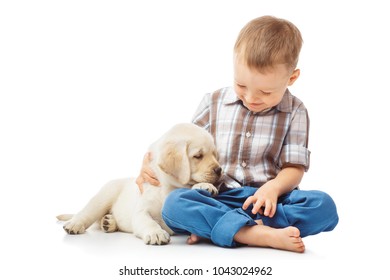 Boy With A Labrador Puppy, Isolated On White