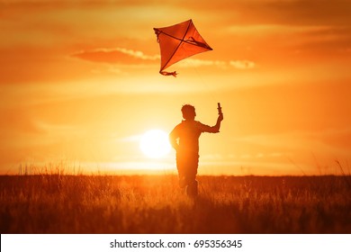 Boy launch a kite in the field at sunset - Shutterstock ID 695356345