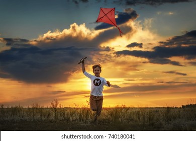 Boy launch a kite in the field at sunset - Shutterstock ID 740180041