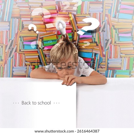 Boy learning knowledge and sparking ideas by reading with pile of books as wallpaper and canvas with note and bulb with question marks as symbolisms for mind-blowing, brainteaser 