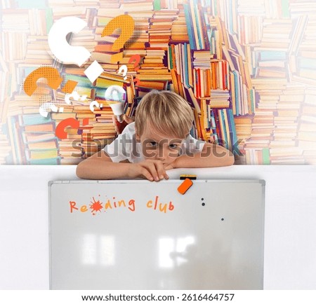 Boy learning knowledge and sparking ideas by reading with pile of books as wallpaper and whiteboard with note and bulb with question marks as symbolisms for mind-blowing, brainteaser