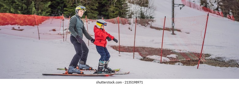 Boy Learning To Ski, Training And Listening To His Ski Instructor On The Slope In Winter BANNER, LONG FORMAT