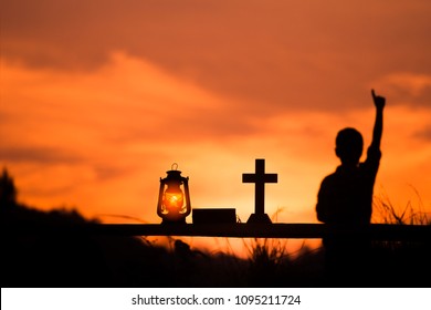 Boy Lift Hand To Worship God, Christian Concept