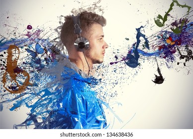 Boy listening to music with sketch effect