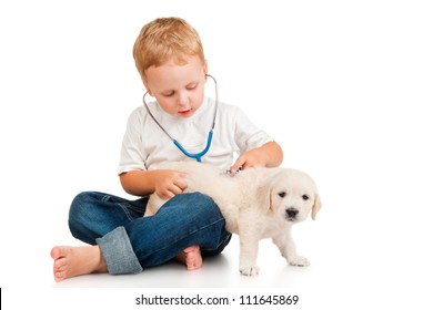 The boy listens to retriever puppy through a stethoscope - Powered by Shutterstock