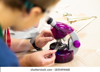 Boy looking through a purple microscope at a bird feather at a children's science event
