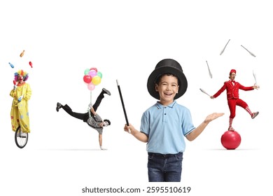 Boy with a magic hat and a group of circus entertainers performing isolated on white background