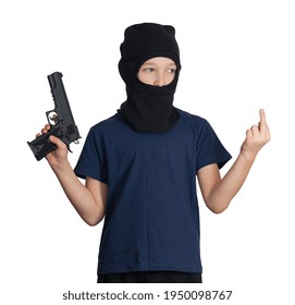 Boy In A Mask Or Balaclava With A Pistol In One Hand, Shows Fuck You, On An Isolated Background. Child Crime Symbol