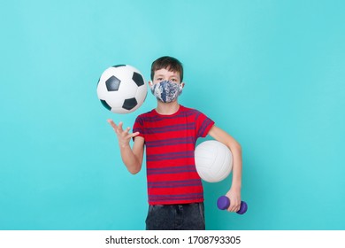 Boy with a mask due to the corona virus play on blue background. Workout online concept. - Shutterstock ID 1708793305