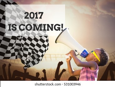 Boy with megaphone against 2017 new year sign in stadium - Powered by Shutterstock