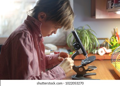 Boy with microscope, Boy doing science experiments, focus on microscope