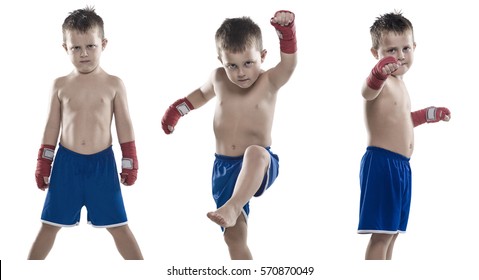 Boy Muay Thai Boxing In Studio On White Background