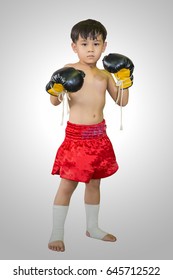 Boy (Muay Thai) Thai Boxing In Studio On White Background
