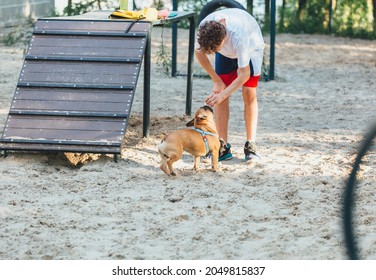 The Boy Owner Of French Bulldog Trains The Dog In The Park. Dog Training With Teenager And Bulldog Outdoor. Still Life, Love And Care For Pets, Friendship With Animals.