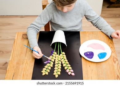 Boy painting and gouache spring flower  Boy making color paper hyacinths for mummy  Children activities  easy ideas for kids at home  Art lessons at home  DIY tasks for children  Early pre    school