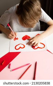 Boy Painting Red Heart Card For Valentines Day On White Table, Crafting, Top View, Copy Space, Love, Valentines Day And Mothers Day Concept, Lifestyle