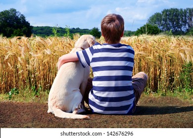 Boy With Pet Dog, Corn Field In Background