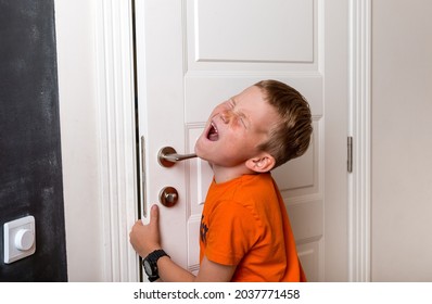 El chico metió su mano en la puerta y lloró. El niño no cumplió con las medidas de seguridad. El niño grita. Los chicos sacan la mano por la puerta cerrada. Impedir el concepto de peligro infantil