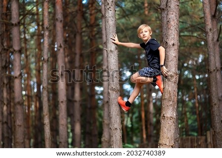 Similar – Image, Stock Photo Boys climbing a tree at park, one looking at camera
