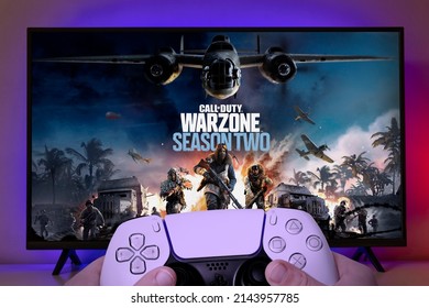 Boy Play Call Of Duty Warzone Season 2 On TV With Playstation 5 Controller, 8 Apr, 2022, Sao Paulo, Brazil