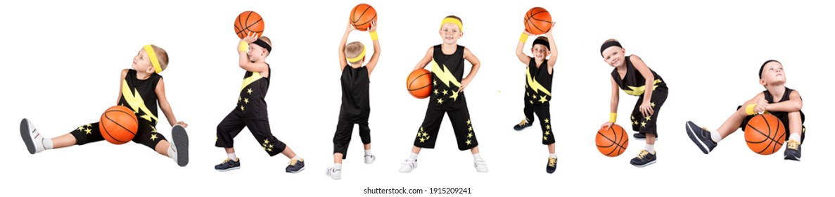 Boy Playing Basketball.Collage Isolated On White. 