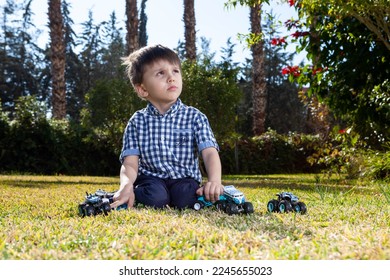 boy is playing the cars in the garden on the grass in the sunny day