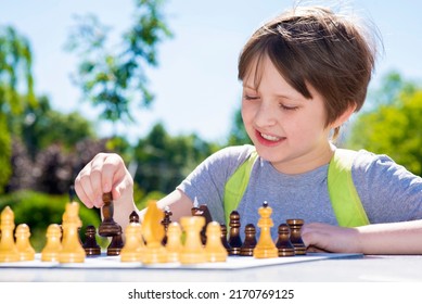  Boy Playing Chess Outside In The Summer