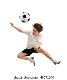 Boy Playing Football Isolated On White Background