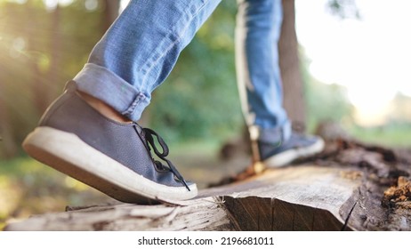 the boy is playing in the forest park. close-up child's legs walking on a log of a fallen tree. happy family childhood dream concept. a child in sneakers walks on fallen tree in park - Powered by Shutterstock