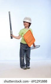 boy playing knight using cookware isolate on white