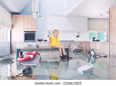 Boy playing On Table While Flooding in the kitchen. Media and photo combination creative concept illustration