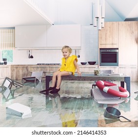 
Boy playing On Table While Flooding in the kitchen. Media and photo combination creative concept 