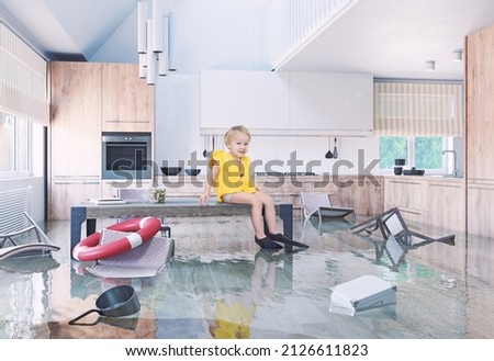 Boy playing On Table While Flooding in the kitchen. Media and photo combination creative concept illustration