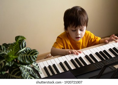 A boy playing the synthesizer. Toddler learning how to play piano. Child's hands on the keyboard. Early development and education concept