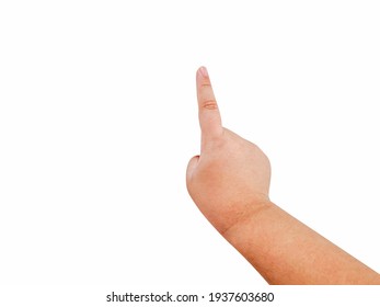 Boy pointing at something on isolated white background