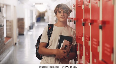 Boy, portrait and hallway as high school student by lockers with books for education, scholarship or campus. Male person, face and learning development with backpack in corridor, academic or study - Powered by Shutterstock