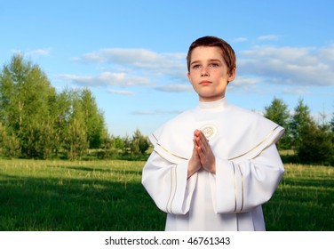 Boy Portrait In His First Holy Communion, Praying Hands, Clear Conscience