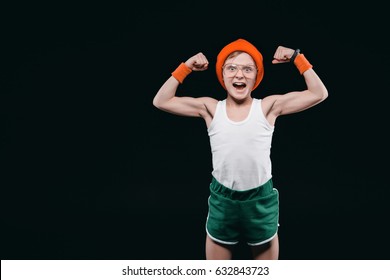 Boy Posing In Sportswear Isolated On Black. 12 Year Old Kids And Active Kids Concept