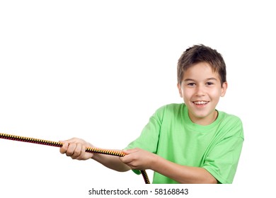 Boy Pulling A Rope - Isolated On White