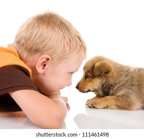 Boy With Puppy. Isolated On White Background