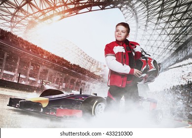 Boy Racer With Race Car At The Stadium