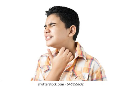 Boy with a rash scratching his neck isolated on white