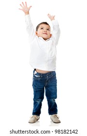 Boy Reaching Ceiling With Arms Up - Isolated Over A White Background