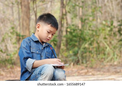 A Boy Recording In A Notebook While Investigating Nature.